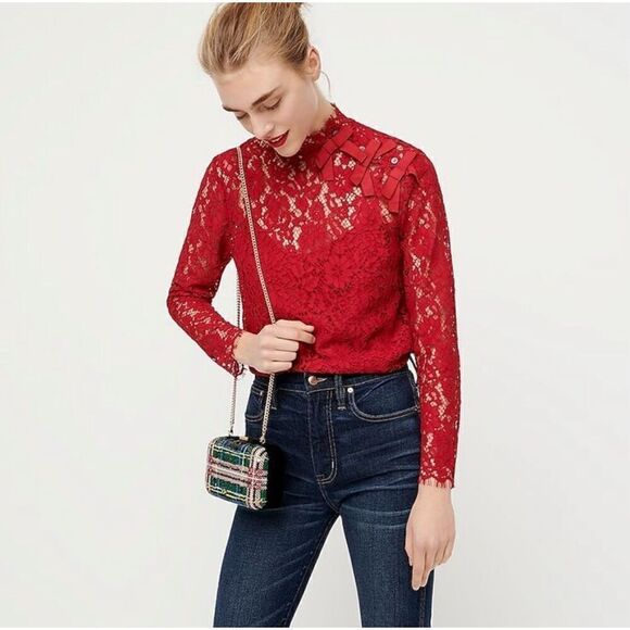 J. Crew Red Mockneck Floral Lace Long Sleeve Blouse Eyelash Hem Women’s Size 4 - Picture 1 of 12